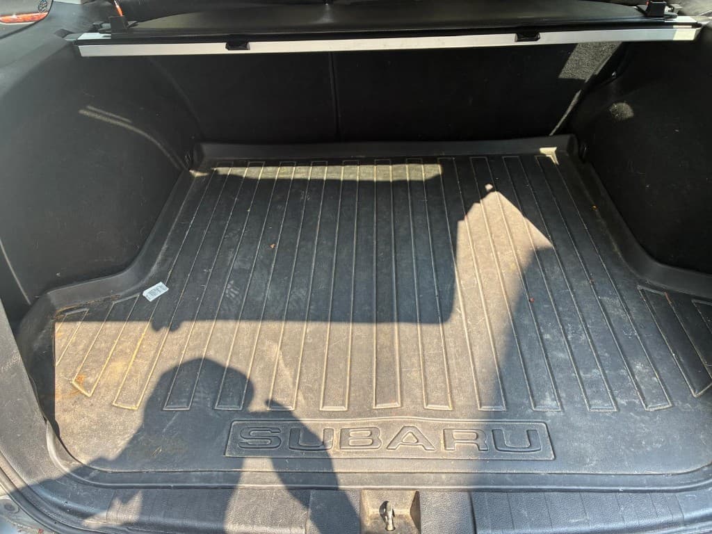 Dusty Subaru cargo mat with debris before trunk detailing